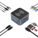 12w1 Hub z ładowarką bezprzewodową USB-A USB-C HDMI RJ45 SD TF mini jack - szary