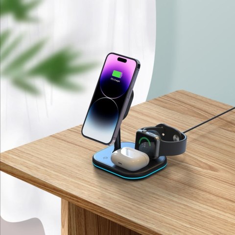 3w1 Ładowarka indukcyjna MagSafe ze stojakiem na smartfon Apple Watch AirPods - czarna
