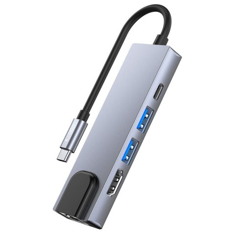 5w1 HUB rozdzielacz USB-C na USB-C USB-A HDMI RJ45 - szary