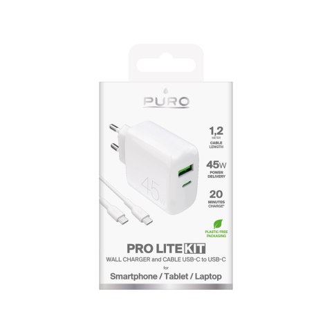 Ładowarka sieciowa USB-C USB-A PD z kablem USB-C 45W - biała