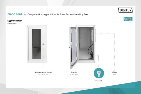 Obudowa komputera Digitus z wbudowanym wentylatorem filtrującym i nóżkami poziomującymi | DN-CC 9002 | Jasnoszary