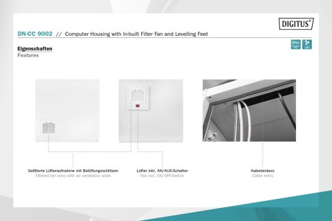 Obudowa komputera Digitus z wbudowanym wentylatorem filtrującym i nóżkami poziomującymi | DN-CC 9002 | Jasnoszary