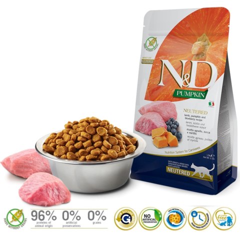 FARMINA N&D PUMPKIN CAT LAMB&BLUEBERRY NEUTERED - sucha karma dla kota - 1,5 kg