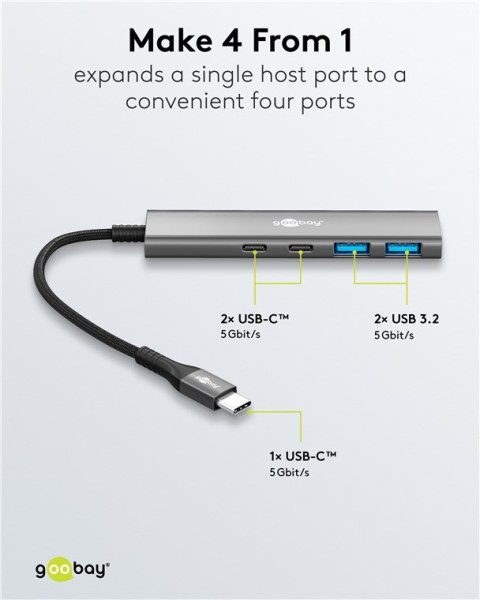 Goobay 76563 Slim 4-portowy koncentrator USB, USB-C™ auf USB-C™/USB-A, 5 Gbit/s, szary