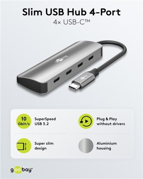 Goobay 76565 Slim 4-portowy koncentrator USB, USB-C™ auf USB-C™, 10 Gbit/s, szary