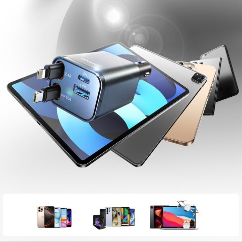 Ładowarka samochodowa 4w1 z kablami zwijanymi USB-A USB-C 30W- ciemnoszara