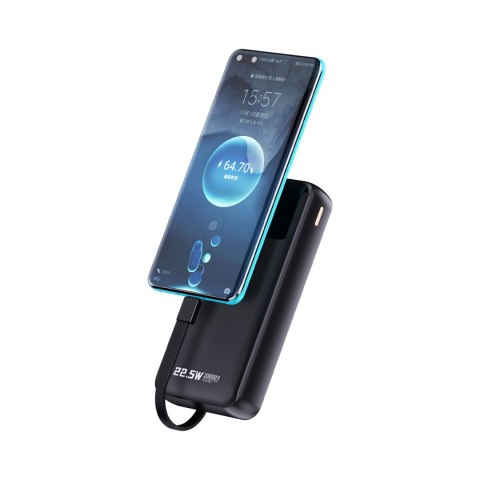Powerbank 20000mAh 22.5W PD USB-C USB-A z wbudowanymi kablami iPhone Lightning USB-C - czarny