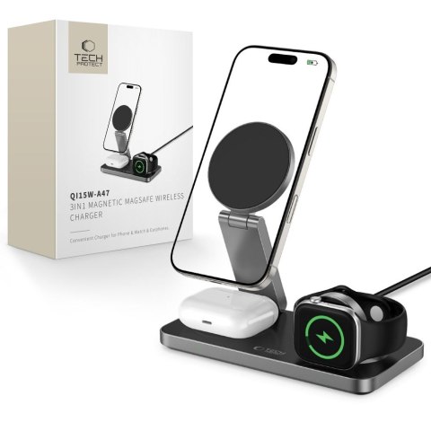 Ładowarka indukcyjna 3w1 do smartfona smartwatcha słuchawek z kablem USB-C - czarna