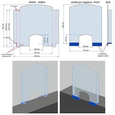 Osłona ochronna oddzielająca z plexi do recepcji na ladę 850 x 700 mm