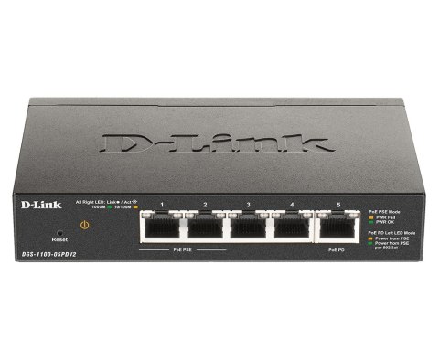 D-Link DGS-1100-05PDV2 łącza sieciowe Zarządzany Gigabit Ethernet (10/100/1000) Obsługa PoE Czarny