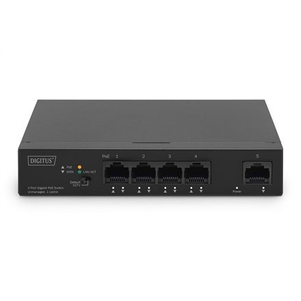 Digitus Przełącznik Gigabit Ethernet PoE, 4 porty PoE + 1 port uplink, dostępna moc zasilania PoE: 60 W