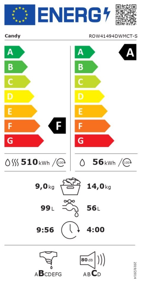 Pralka z suszarką Candy ROW41494DWMCT-S, A/F, 14 kg prania, 9 kg suszenia, 1400 obr/min, Biały, Wi-Fi i Bluetooth, 24 miesiące g