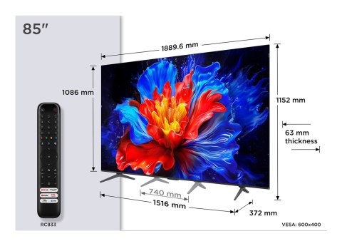 Telewizor TCL 85P89K QLED 85'' 4K Ultra HD Google TV Dolby Atmos DVB-T2 Metaliczny