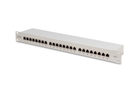 Digitus Panel krosowy (patch panel) 19'' 24x RJ45, LSA poziom, kat.6, ekranowany, 1U, szary, prowadnica kabli