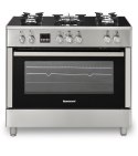 Kuchnia gazowo-elektryczna RAVANSON KWGE-K90 Glass Inox | 5 palników + palnik WOK | termoobieg | szklany front | inox