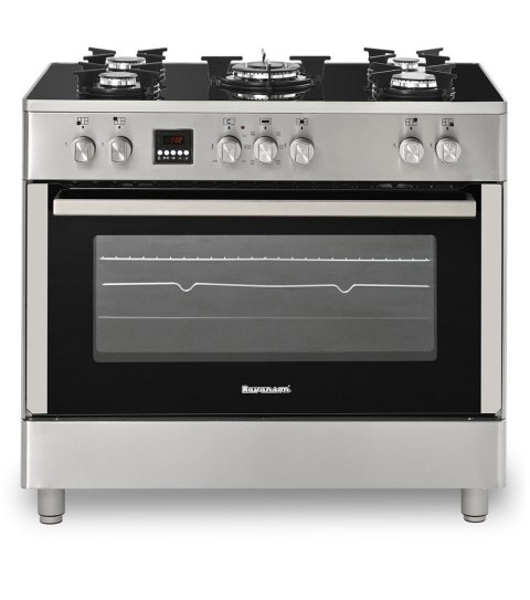 Kuchnia gazowo-elektryczna RAVANSON KWGE-K90 Glass Inox | 5 palników + palnik WOK | termoobieg | szklany front | inox
