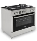 Kuchnia gazowo-elektryczna RAVANSON KWGE-K90 Glass Inox | 5 palników + palnik WOK | termoobieg | szklany front | inox