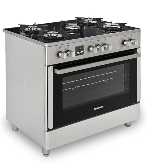 Kuchnia gazowo-elektryczna RAVANSON KWGE-K90 Glass Inox | 5 palników + palnik WOK | termoobieg | szklany front | inox