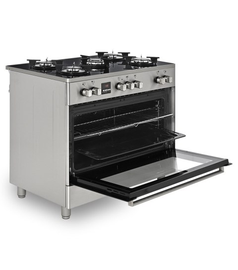 Kuchnia gazowo-elektryczna RAVANSON KWGE-K90 Glass Inox | 5 palników + palnik WOK | termoobieg | szklany front | inox