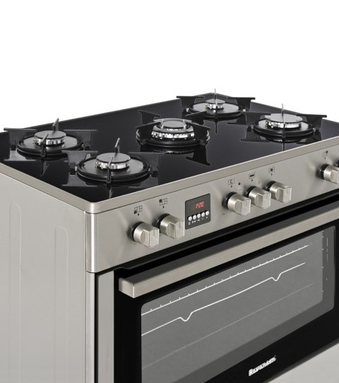 Kuchnia gazowo-elektryczna RAVANSON KWGE-K90 Glass Inox | 5 palników + palnik WOK | termoobieg | szklany front | inox