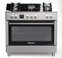 Kuchnia gazowo-elektryczna RAVANSON KWGE-K90 Glass Inox | 5 palników + palnik WOK | termoobieg | szklany front | inox
