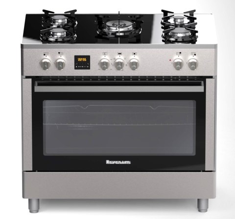 Kuchnia gazowo-elektryczna RAVANSON KWGE-K90 Glass Inox | 5 palników + palnik WOK | termoobieg | szklany front | inox