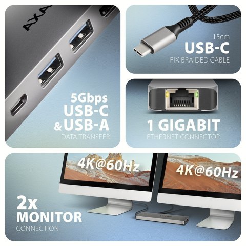 AXAGON HMC-7HX2 Hub USB, 2x USB-A, 1x USB-C, 2x HDMI 2.0, 1x RJ45, 100 W PD - srebrny
